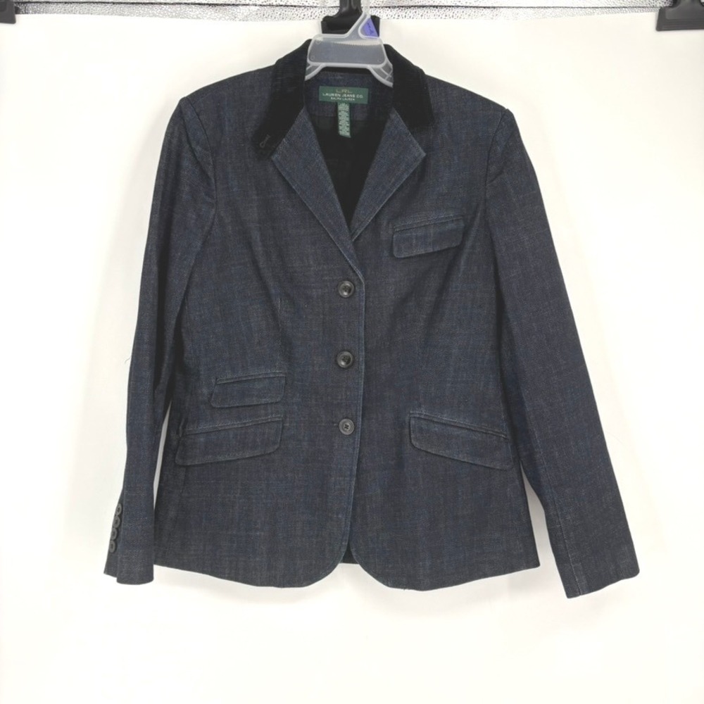 LRL Ralph Lauren Jeans Co Denim Blazer‎ Jacket Corduroy Collar Women's Size 14
